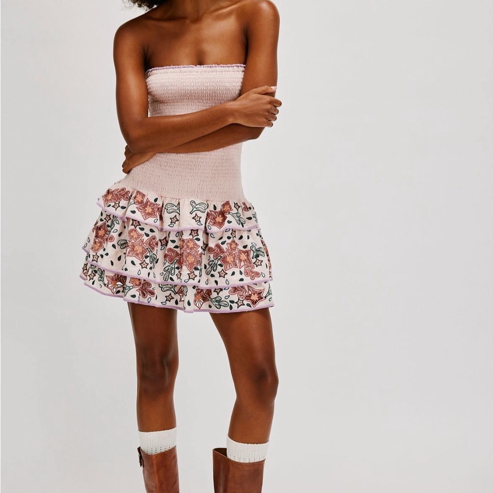 BTB for Free People Pink Smocked Dress with Floral Ruffle Hem